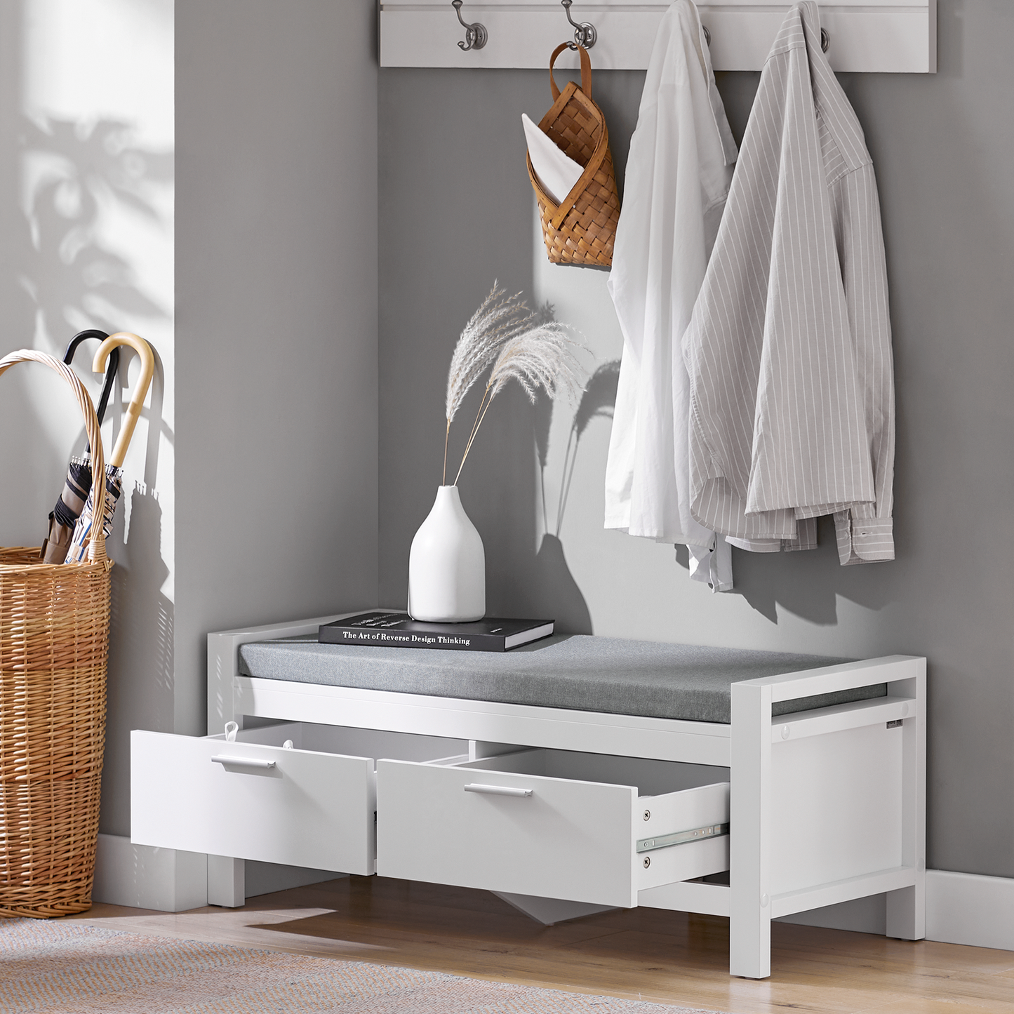 SoBuy FSR74-W,Hallway Storage Bench with Two Drawers and Padded Seat Cushion