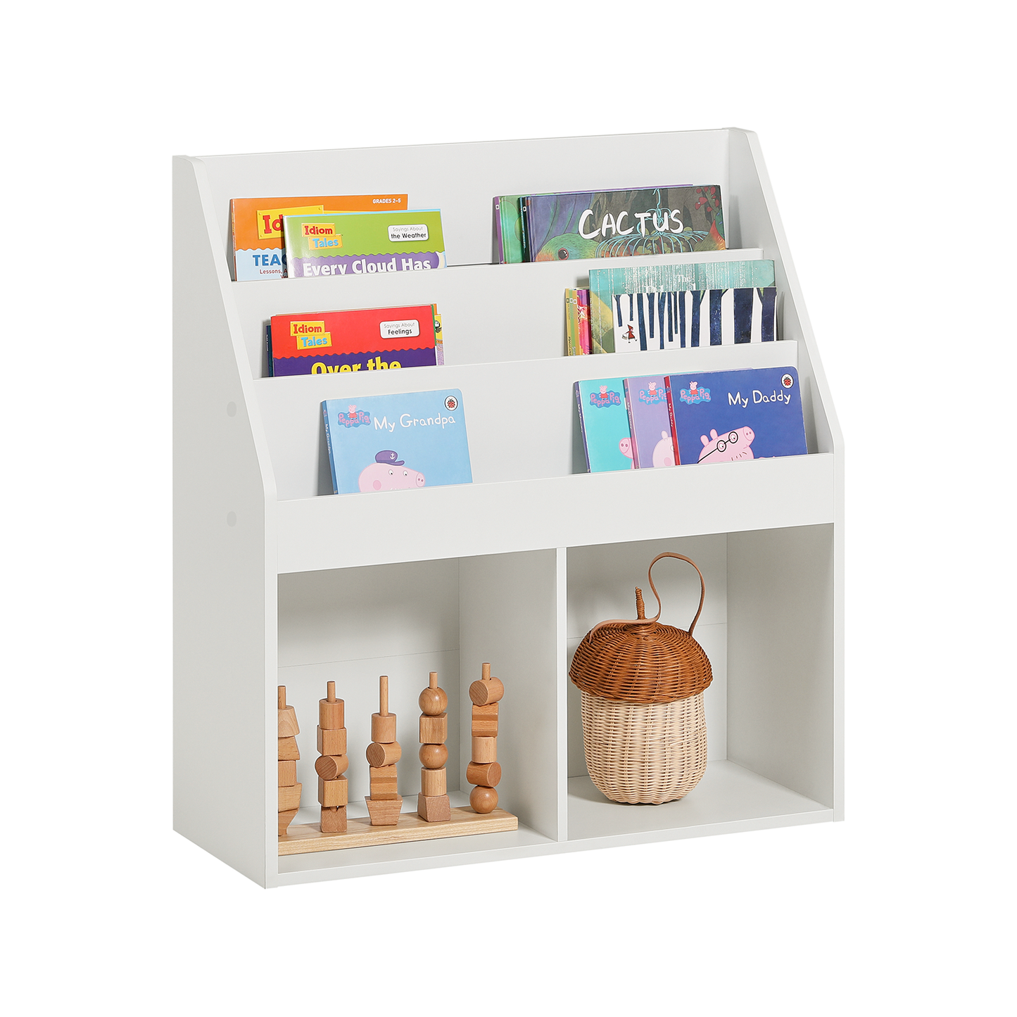 SoBuy KMB01-W Children's Shelving Unit with 3 Shelves and 2 Open Compartments Newspaper Rack Storage Shelf Bookcase for Children White 73x80x30 cm