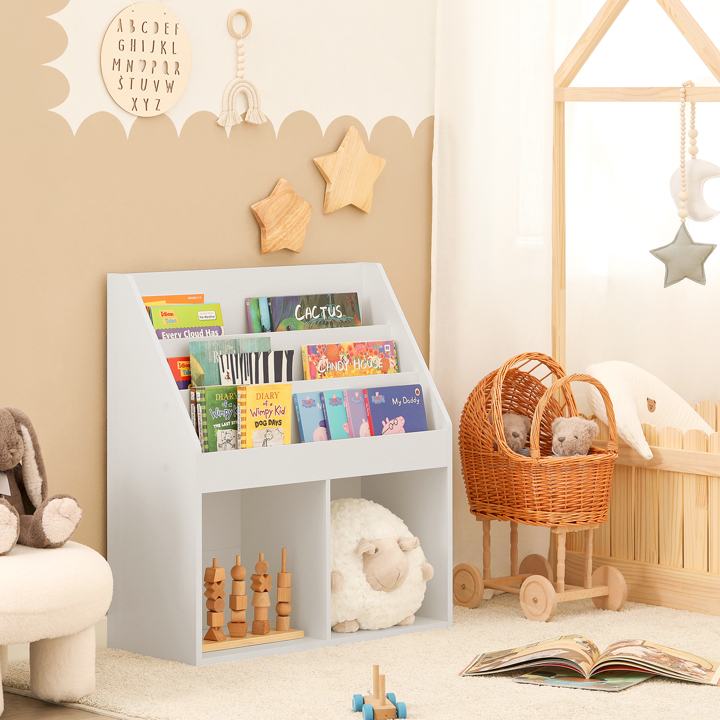 SoBuy KMB01-W Children's Shelving Unit with 3 Shelves and 2 Open Compartments Newspaper Rack Storage Shelf Bookcase for Children White 73x80x30 cm