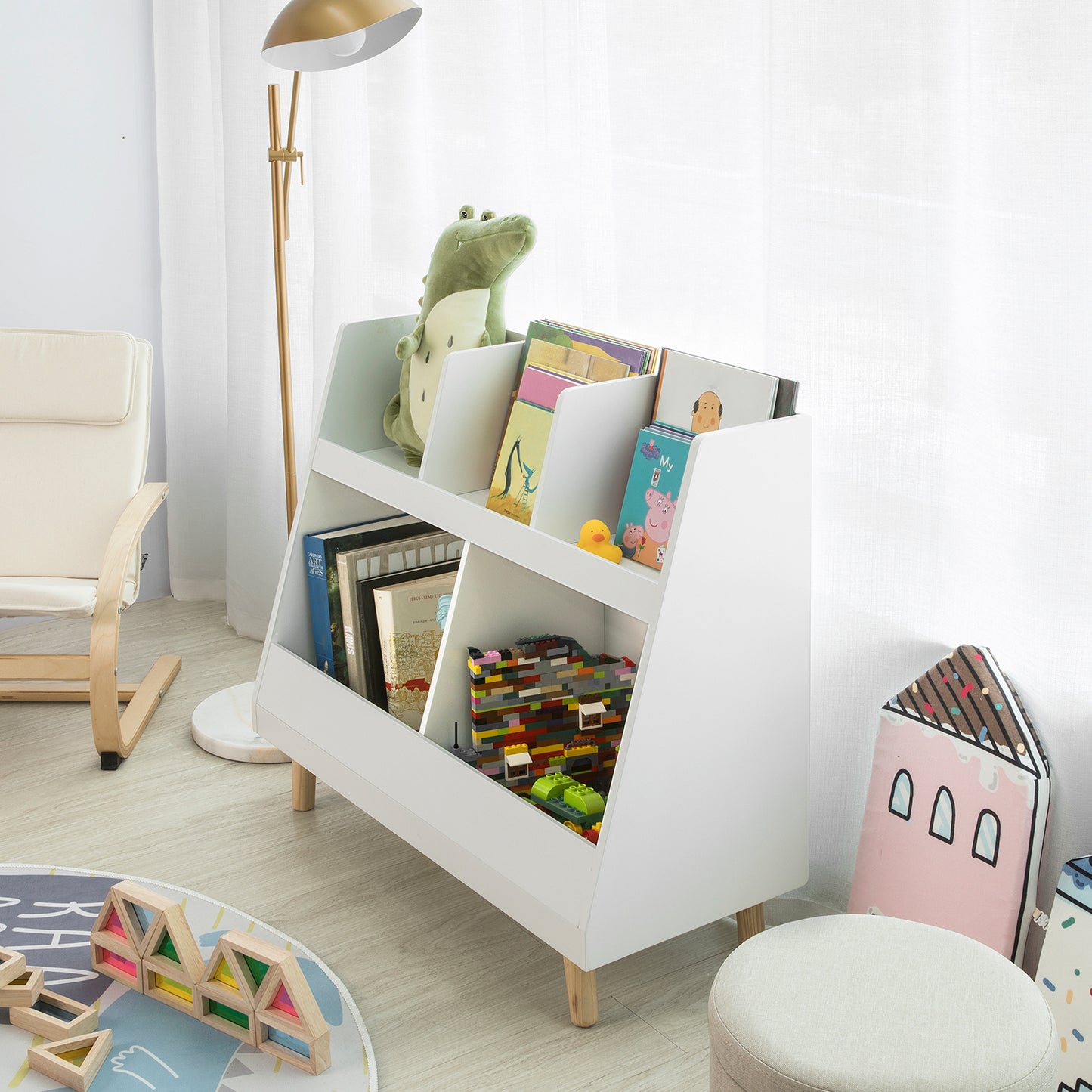 SoBuy KMB19-W Children's Shelving Unit with 5 Compartments Bookcase Storage Shelf for Children with Solid Wood Legs White W86 x H77 x D36 cm