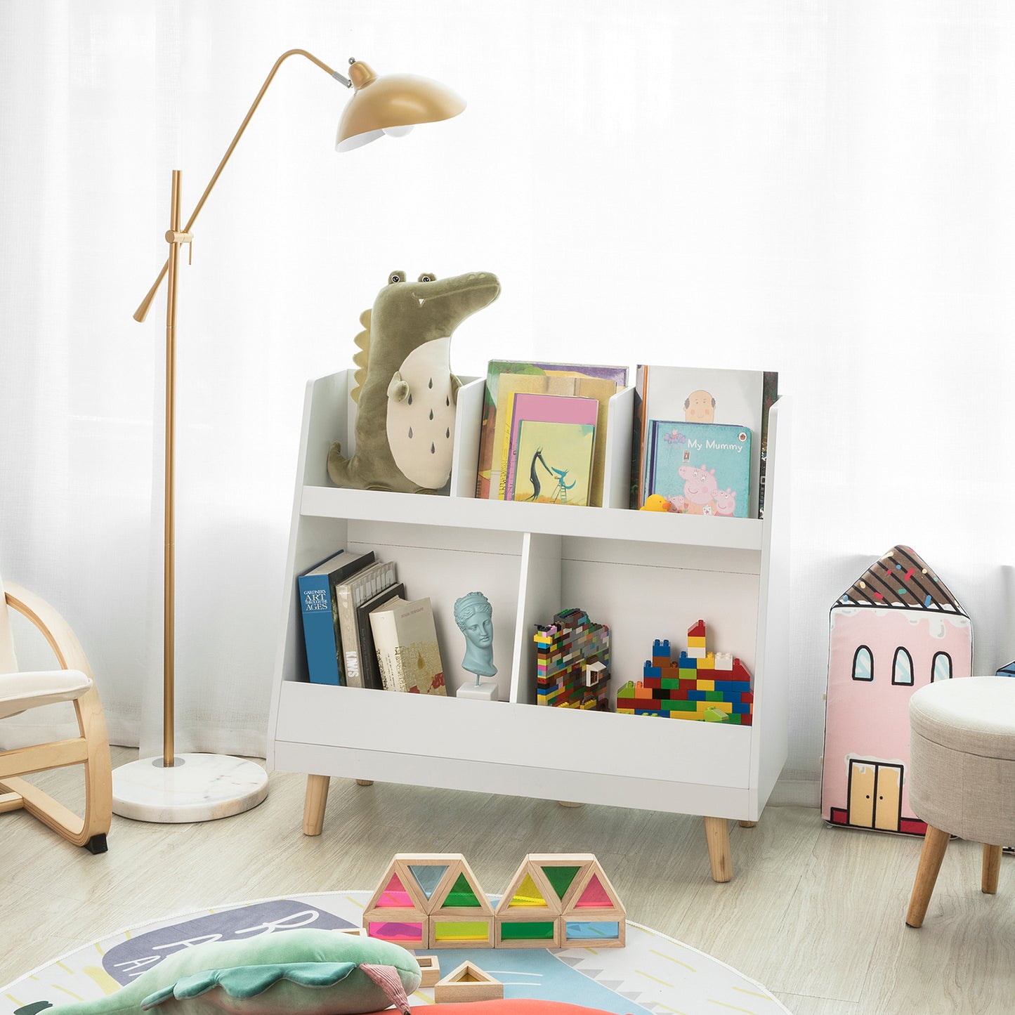 SoBuy KMB19-W Children's Shelving Unit with 5 Compartments Bookcase Storage Shelf for Children with Solid Wood Legs White W86 x H77 x D36 cm