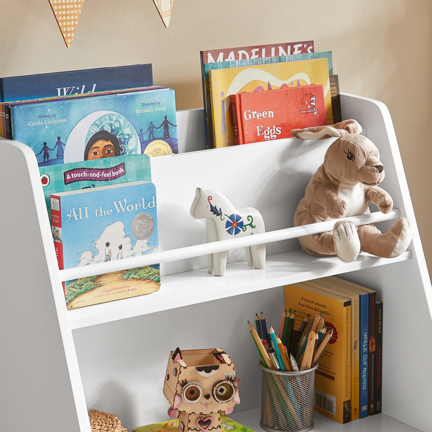 SoBuy KMB34-W Children's Bookcase with Storage Compartments and 3 Boxes Toy Shelf for Children Toy Organiser White