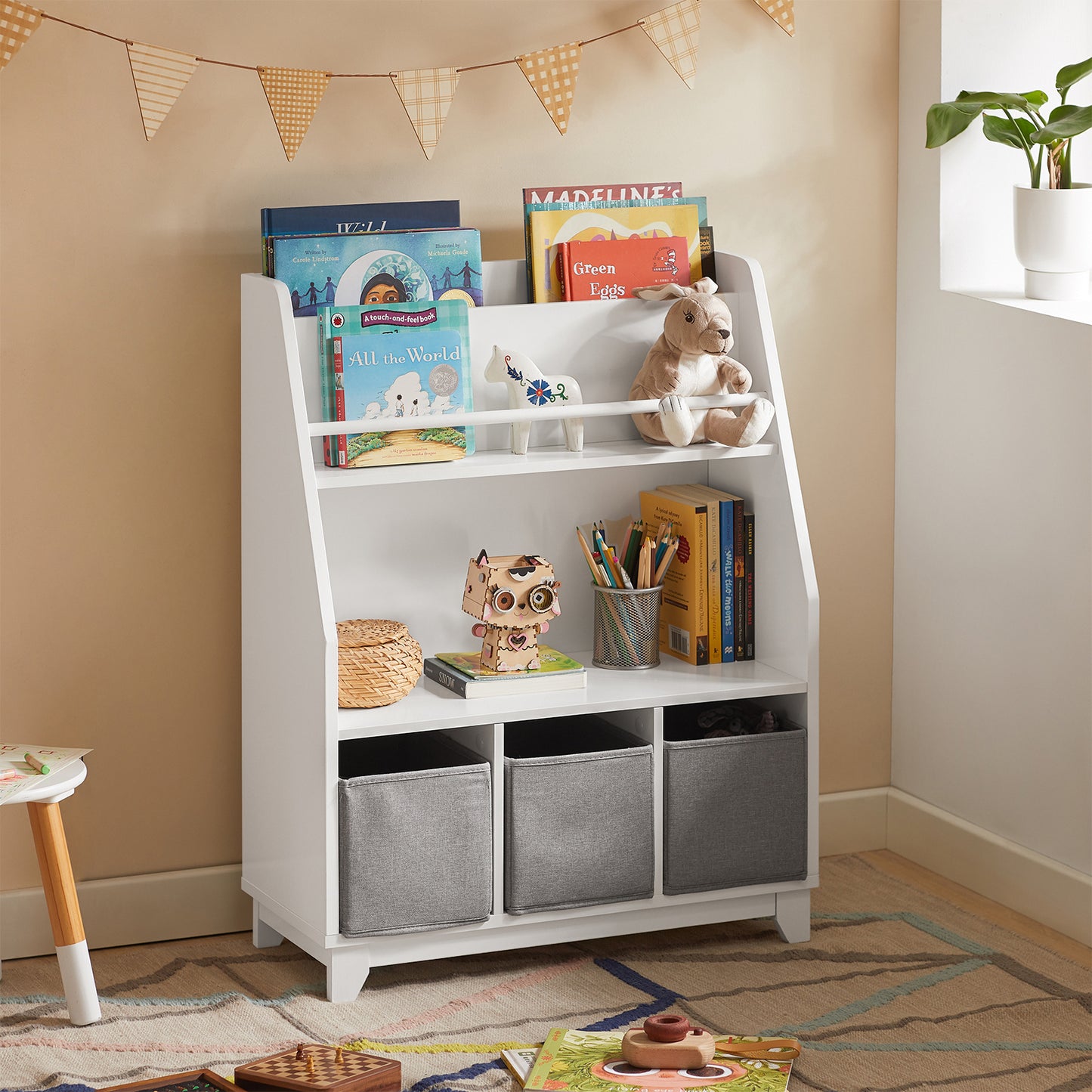 SoBuy KMB34-W Children's Bookcase with Storage Compartments and 3 Boxes Toy Shelf for Children Toy Organiser White