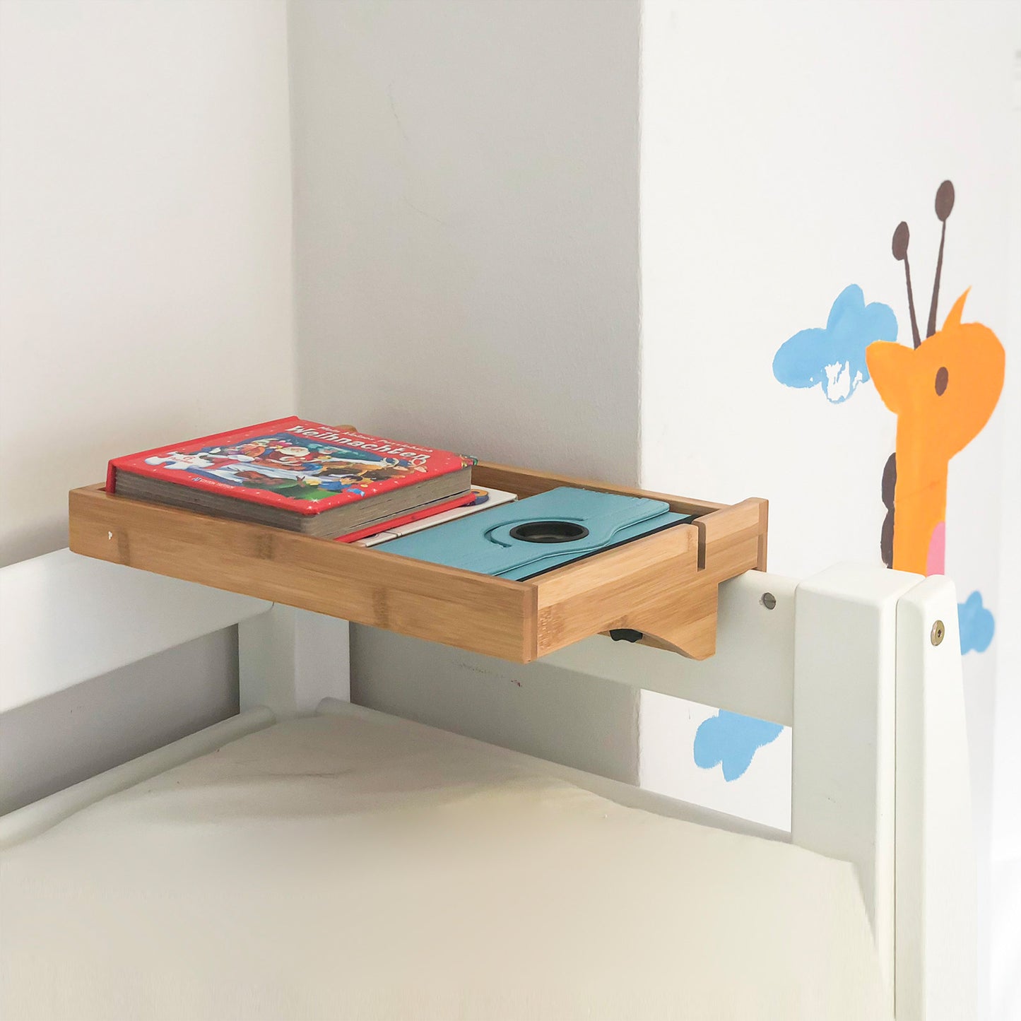 SoBuy NKD01-N, Bedside Shelf Clip-on Hanging Shelf Bed Side Shelf Table Nightstand Tray with 2 Wire Slots, Bamboo