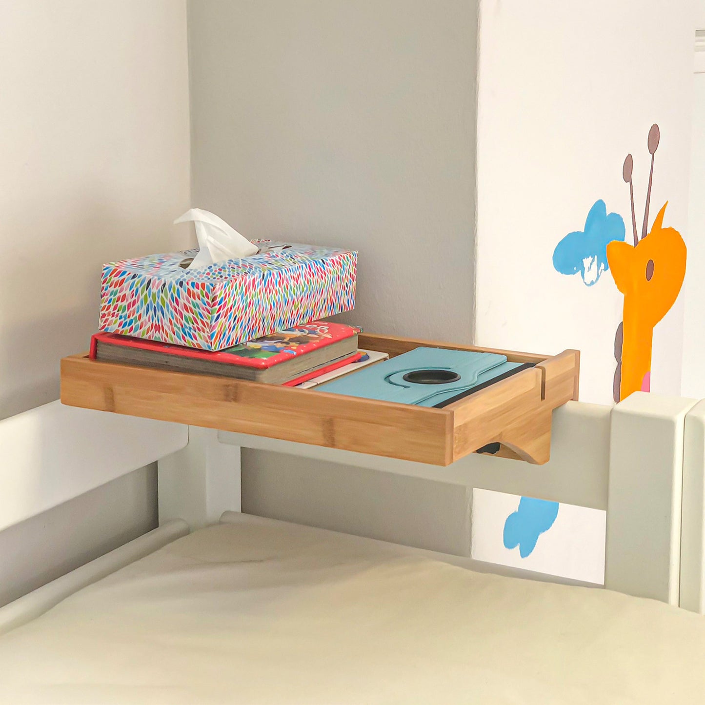 SoBuy NKD01-N, Bedside Shelf Clip-on Hanging Shelf Bed Side Shelf Table Nightstand Tray with 2 Wire Slots, Bamboo